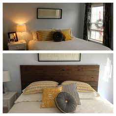 two different pictures of a bed with pillows on it