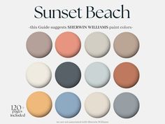 the sun set beach color palette is shown in shades of blue, orange and beige