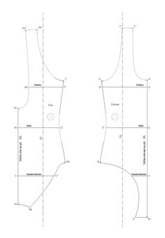 the front and back view of a sewing pattern, with measurements for the top section