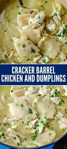 chicken and dumplings in a blue pot with the words cracker barrel chicken and dumplings