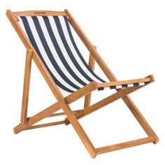 a wooden lawn chair with black and white stripes