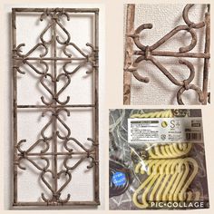 decorative iron work on the wall and next to it's package with price tag