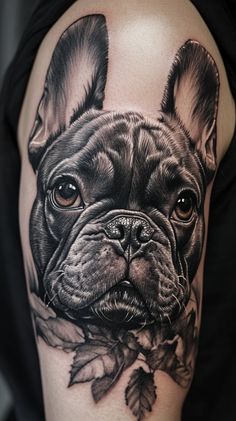 a black and white photo of a dog's face with leaves around it on the arm