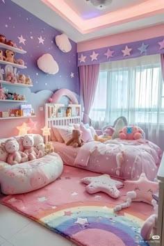 a child's bedroom decorated in pink, purple and white with stars on the ceiling