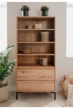 a wooden bookcase sitting next to a potted plant