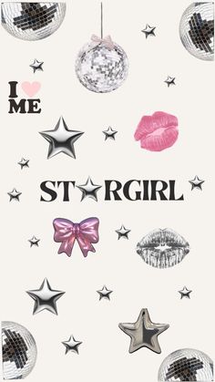 i love me and stargirl wallpaper with glitter balls, lipstick, stars, and sparkles