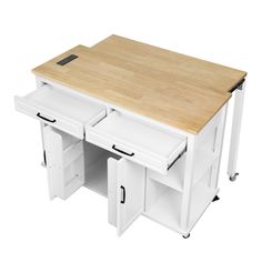 a kitchen island with two drawers and a cutting board on top