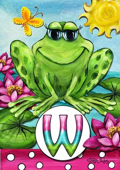 a painting of a frog sitting on top of water lilies with the letter w in front of it