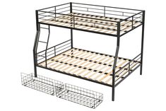 a metal bunk bed with wooden slats on the bottom and bottom, next to a wire basket