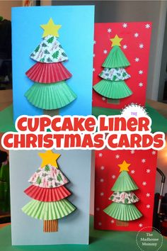 three christmas cards with the words cupcake liner christmas trees