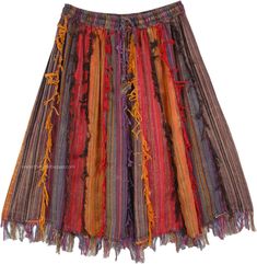 A mid-length skirt in multicolor fall toned striped fabric in vertical patchwork.  Thread fringes are left from these patches that hang vertically and this gives the skirt a gypsy look. #tlb #Patchwork #Stonewash #JuniorPetite #Misses #Fringe Skirt With Frills, Swag Clothes, Long Cotton Skirt, Maxi Skirts Summer, Hippie Skirts, Ankle Length Skirt, Hippie Look, Trendy Skirts, Patchwork Skirt