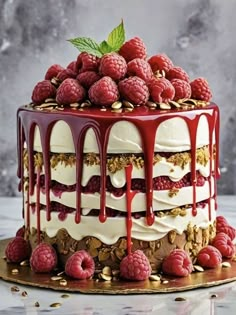 a cake with raspberries and white frosting drizzled on top