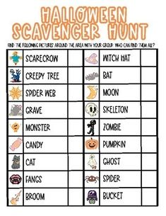 a halloween scavenger hunt is shown with the words and pictures below it,