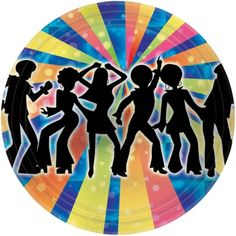 a paper plate with silhouettes of people dancing in front of a colorful background and the words dance on it