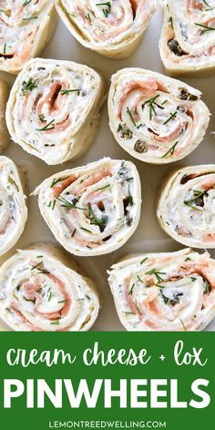 cream cheese and fox pinwheels on a white plate with green text overlay