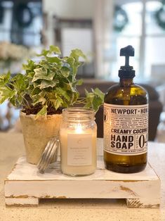 a bottle of liquid sitting on top of a table next to a potted plant