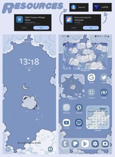 an iphone screen with clouds and stars on it