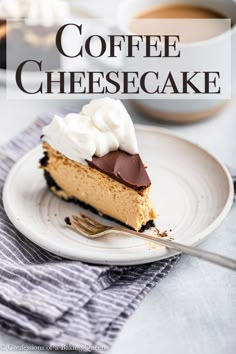 a piece of coffee cheesecake on a plate with a fork and cup of coffee in the background