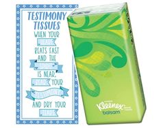 a box with an ad on it next to a card that says testimony tissues