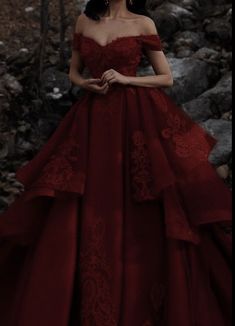 Scarlet Dress Red Gowns, Red Ballroom Dress Ball Gowns, Maroon Dresses Aesthetic, Red Dress Yule Ball, Red Rose Ball Gown, Elegant Deep Red Dress, Dark Ballgown Aesthetic, Red Ballgown Aesthetic Princess, Dark Feminine Ball Gown