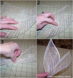 four pictures showing how to make a mesh ribbon with scissors and thread on the table