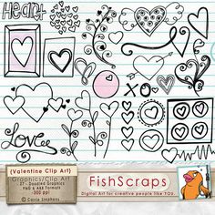 valentine clip art with hearts and flowers on lined paper