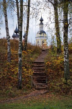 a wooden staircase leading up to a white church surrounded by trees in the fall with leaves on the ground