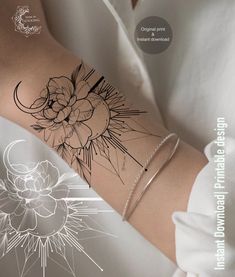 a woman's arm with a flower and sun tattoo on the left side of her arm