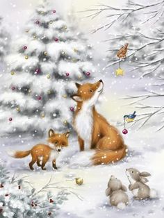 an image of a fox and her cubs in the snow with christmas decorations on trees