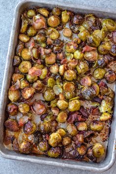 roasted brussel sprouts in a baking dish