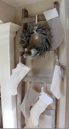 stockings hung on an old wooden ladder