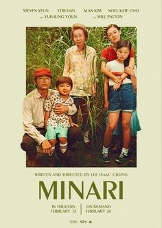 the movie poster for minari, which features an image of two adults and one child