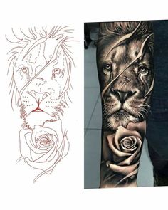 a man's arm with a lion and rose tattoo on it