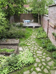 an outdoor garden with stepping stones and green plants