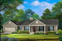 this is an artist's rendering of a house in the country side with trees and shrubs