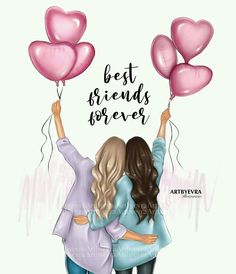 two girls holding pink heart shaped balloons with the words best friends forever