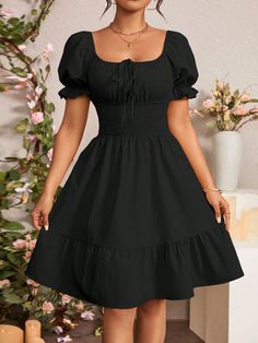 Summer Simple Puff Sleeve Tie Front Ruffle Hem Dress Black Casual  Short Sleeve Woven Fabric Plain A Line Non-Stretch  Women Clothing, size features are:Bust: ,Length: ,Sleeve Length: School Dance Dresses With Sleeves, Black Dresses For Graduation, Simple Black Dress Casual, Black Dress With Puffy Sleeves, Money Monkey, Simple Sundress, Hoco Dance, Dark Academia Dresses, Cotton Black Dress