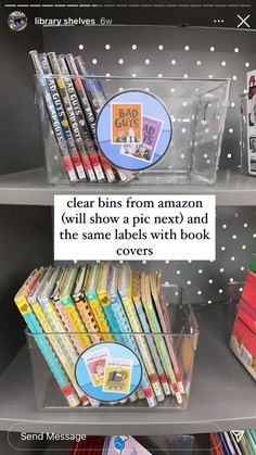 a shelf filled with lots of books on top of a book store display case next to a sign that says clear bins from amazon will show a pic next and the same labels with book covers