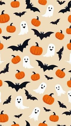 halloween seamless pattern with pumpkins and ghost faces on beige background for wallpaper