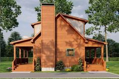 this is a computer rendering of a small cabin style house with porches and windows