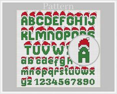 a cross stitch pattern with the letters and numbers in red, green, and white