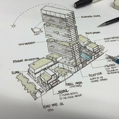 a drawing of a tall building on top of a white paper with writing underneath it