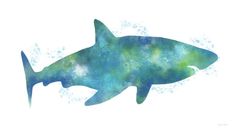 a watercolor painting of a shark with blue and green paint splattered on it