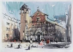 a drawing of people walking around in front of a large building with a clock tower