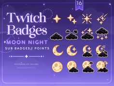 the moon and stars badges are shown in different shapes, sizes, and font options