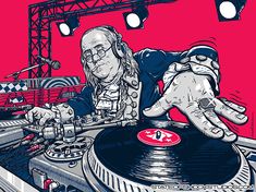 a man with long hair and glasses is djing on a turntable in front of a crane