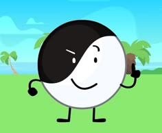 a black and white cartoon character holding a cell phone to his ear with palm trees in the background