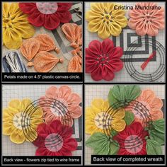 four pictures showing how to make fabric flowers with different colors and sizes, including red, yellow, green, orange, and pink