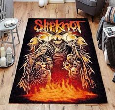 a living room with a rug on the floor that says slipknots and skulls