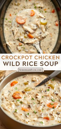 crockpot chicken wild rice soup in a bowl with a spoon